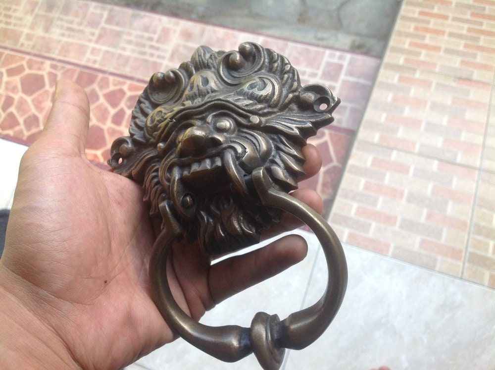 Ancient VINTAGE Balinese BARONG Creature ANTIQUE Solid Brass Detailed Door Knocker with Pull Knocker KET007