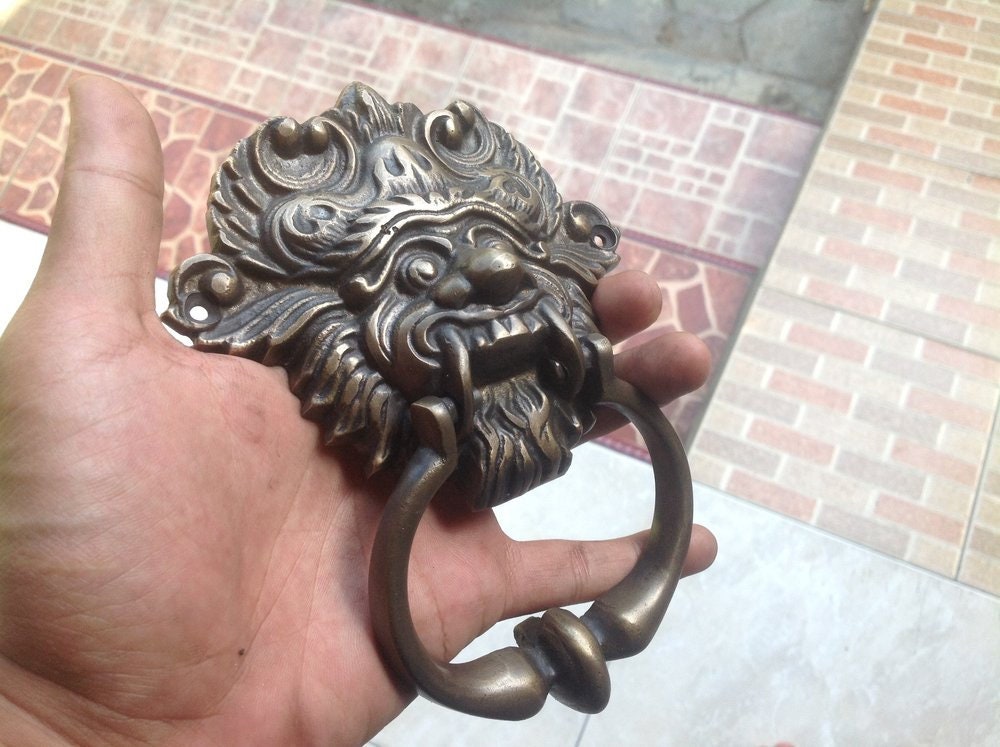 Ancient VINTAGE Balinese BARONG Creature ANTIQUE Solid Brass Detailed Door Knocker with Pull Knocker KET007