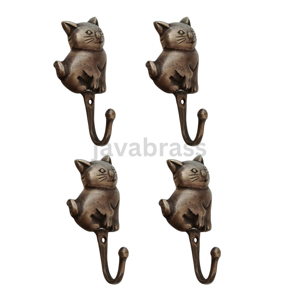Lot of 4 pieces ANTIQUE small Cat hook Hanger Solid Brass Vintage Hook Hat Coat Strong Wall Mount