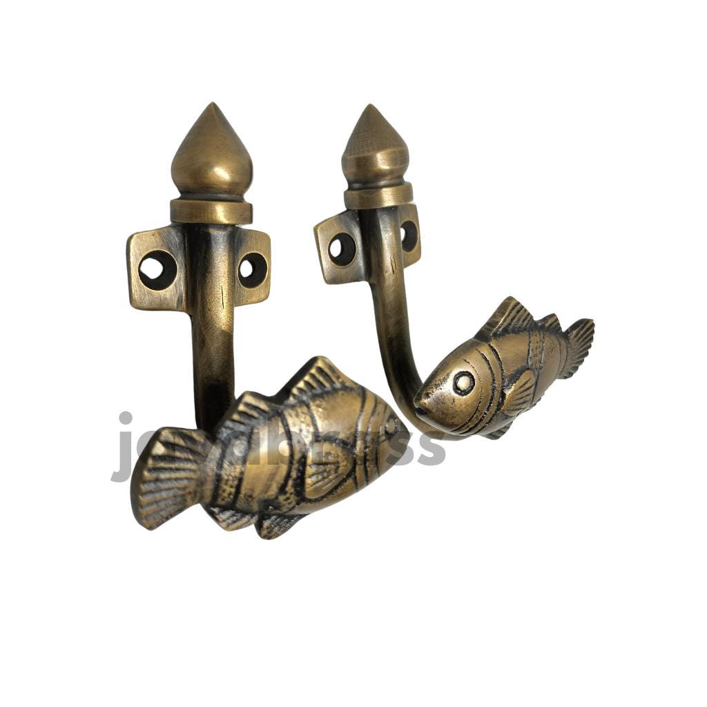 2Pair (4Pieces) FISH Hanger Solid Brass Vintage Hook Hat Coat Strong Wall Mount