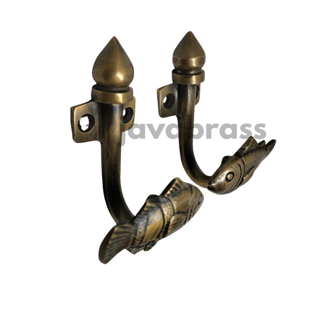 2Pair (4Pieces) FISH Hanger Solid Brass Vintage Hook Hat Coat Strong Wall Mount