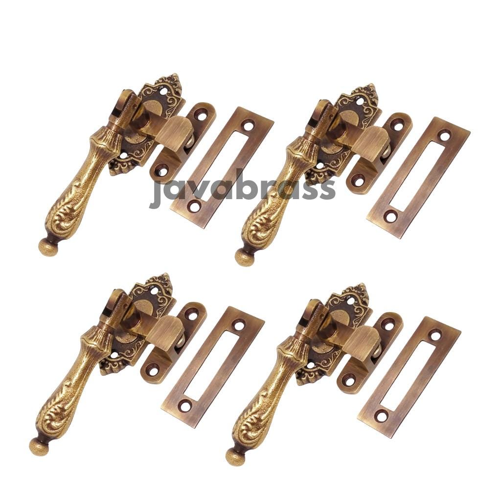 4" Inches 4set Carved Vintage Retro Brass Latch TEAR DROP Cudgel Swing Lock Antique SOLID Brass Door Latch Lock