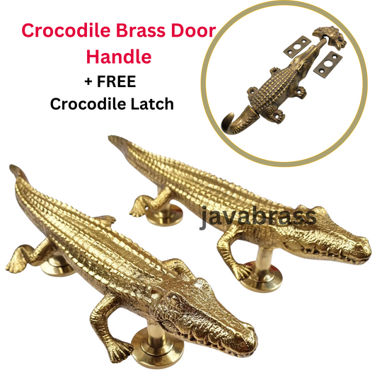 16" Inches Pair Crocodile Solid Brass Handles Aligator Brass Door Handles Solid Brass Door Handle + 1pieces Crocodile brass Latch.