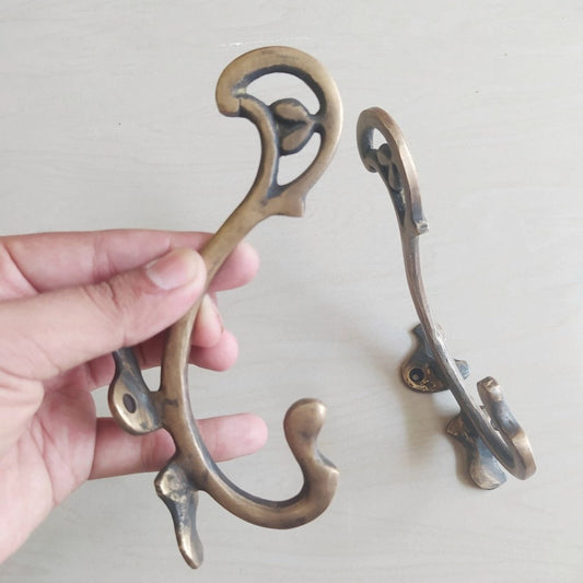 5" Lot of 2pieces Cool double hook Carved   Wall Coat Hat Hook Strong Wall Mount Hanger Antique Solid Brass
