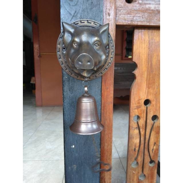 Antique Large BIG PIG Head Hunt Front Brass Door Bell Cast Solid Brass