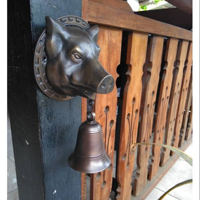 Antique Large BIG PIG Head Hunt Front Brass Door Bell Cast Solid Brass