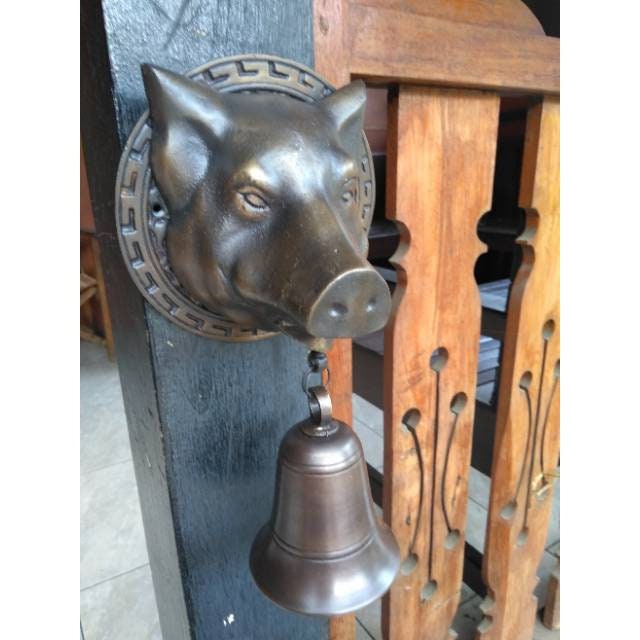 Antique Large BIG PIG Head Hunt Front Brass Door Bell Cast Solid Brass