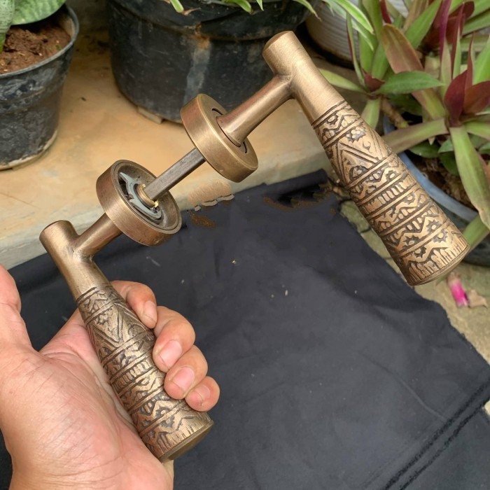 Pair of Crank egypt carved vintage antique brass door handle | brass door pull