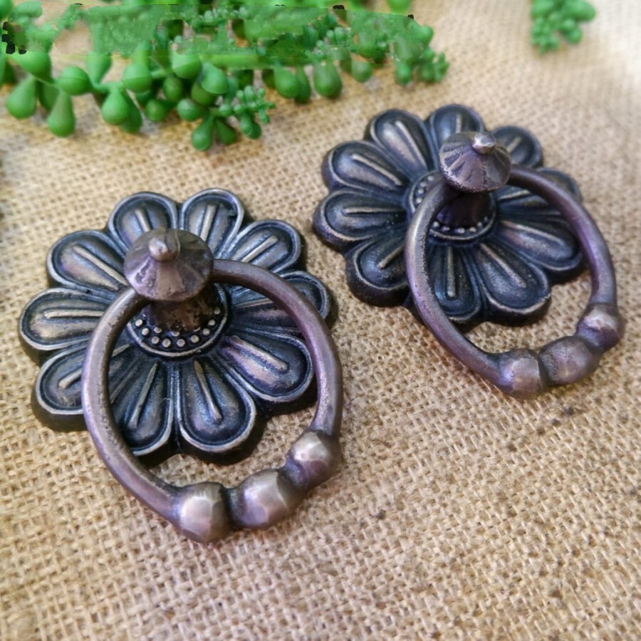 2.16" Inches 2 pcs Vintage Flowers Antique Brass Door Pull Round Pull Handle KNOB GBY 083