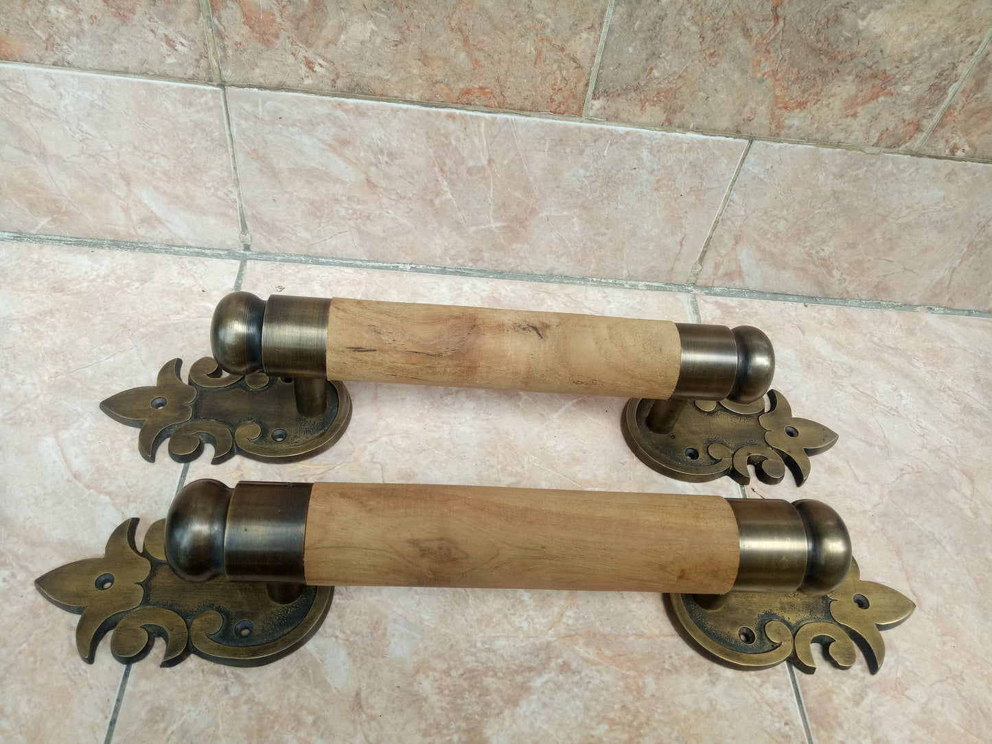 16.53" inches Set 2 pcs Vintage Western Retro Wooden Entry Door Handle | Brass Door Handle With Express Shiping