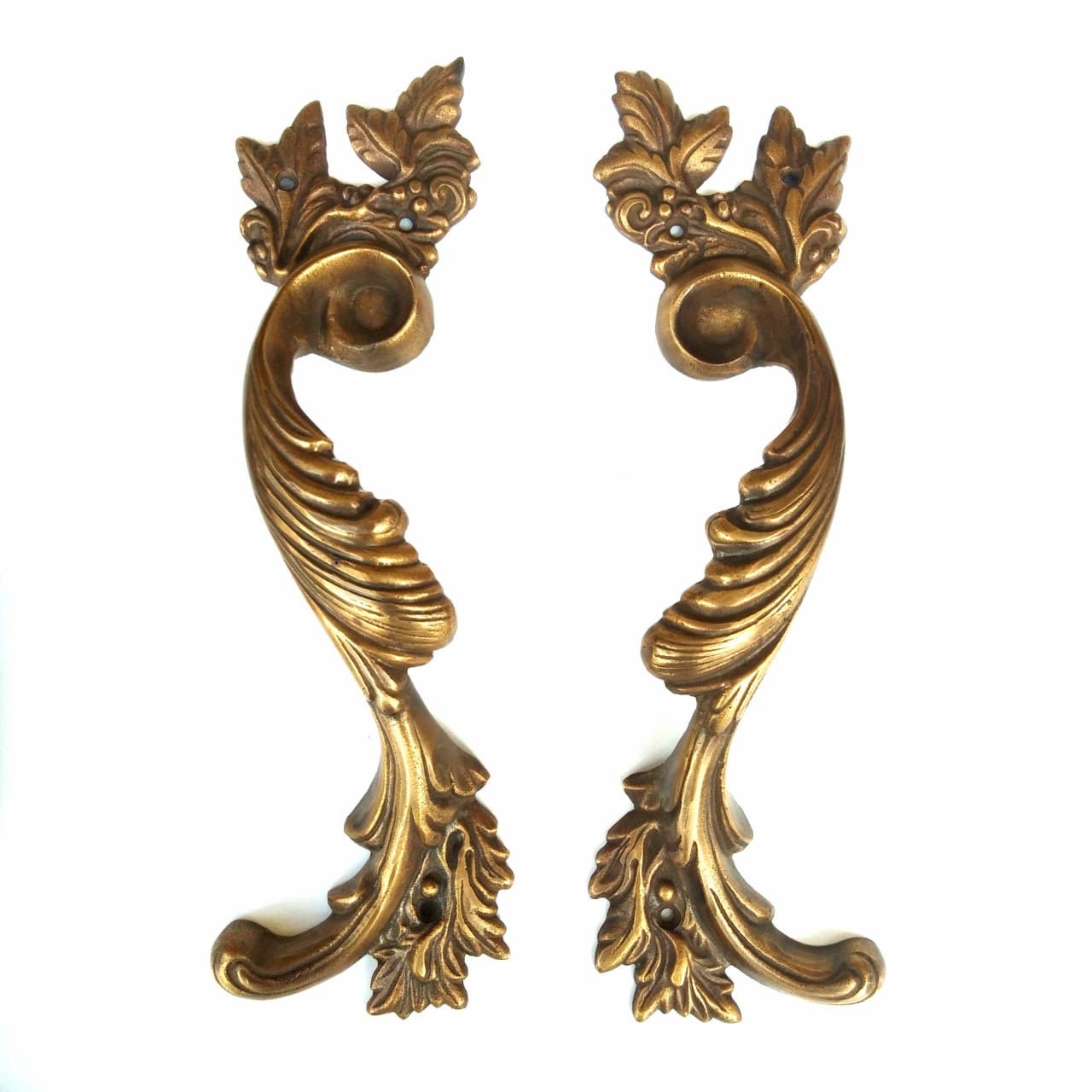 2 large french style 722 pulls handles solid 100% brass vintage style doors 11″ aged antique style 27 cm very heavy cast old look