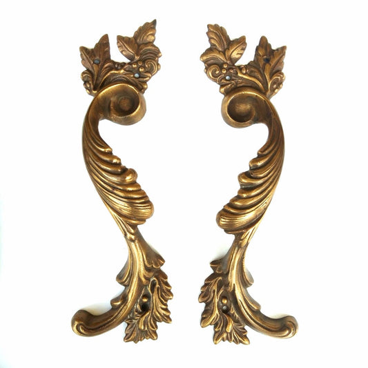 2 large french style 722 pulls handles solid 100% brass vintage style doors 11″ aged antique style 27 cm very heavy cast old look