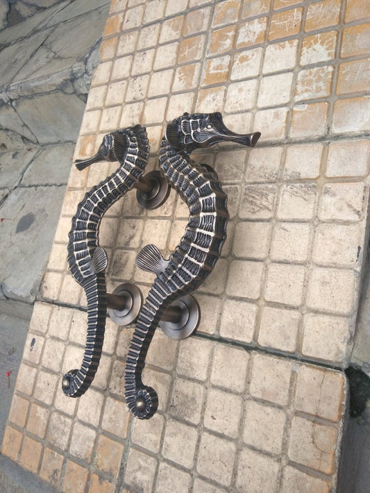 Pair Of Main Entry Vintage SeaHorse Brass Door Handle Pull - Antique Retro Horse Door Handle for Main Entry Door  With Express Shiping
