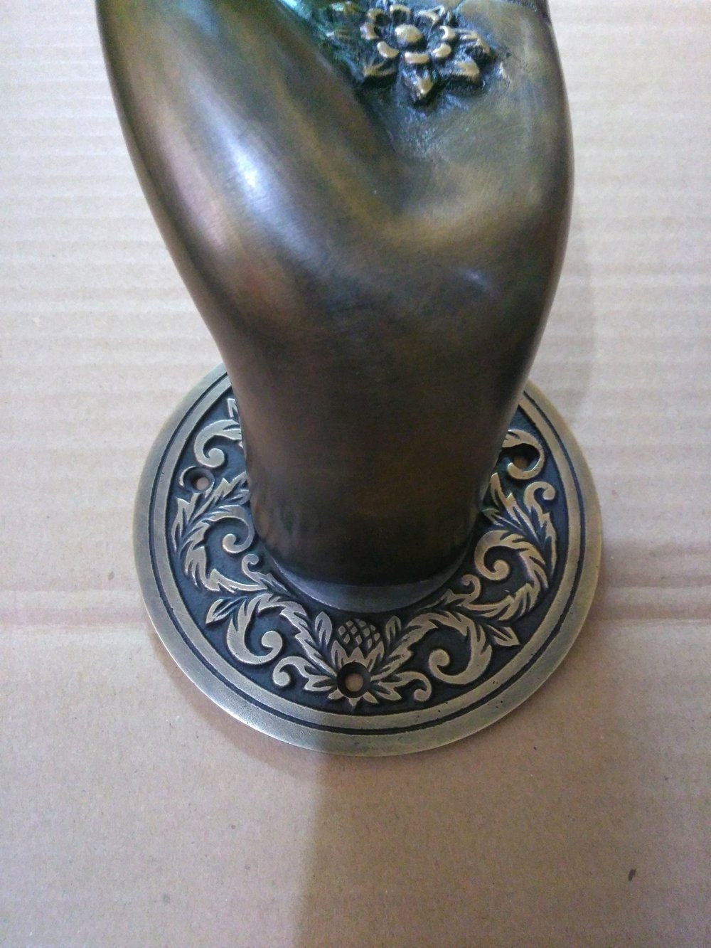 2 Rare Large Beautiful Buddha Gyan Mudra Hand shape hold small ball Handles Aged Brass Patina Knob 10cm back plate Heavy