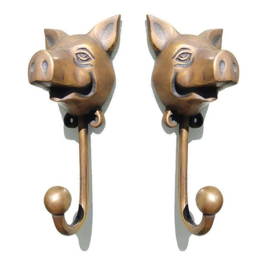 Lot of 2pieces 14cm ANTIQUE PIG Head hook Hanger Solid Brass Vintage Hook Hat Coat Strong Wall Mount