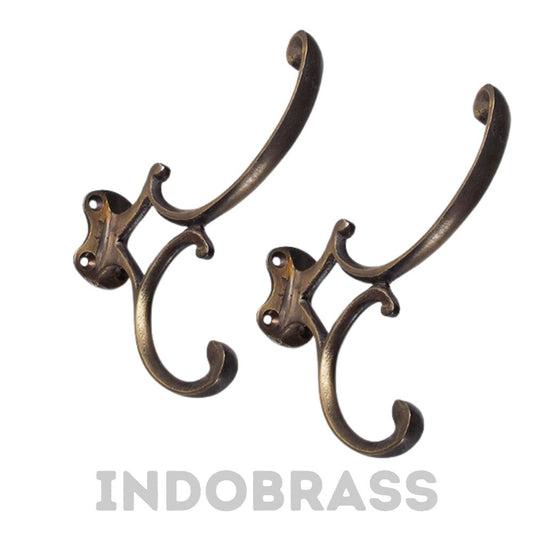 5" Lot of 2pieces Cool double hook Wall Coat Hat Hook Strong Wall Mount Hanger Antique Solid Brass