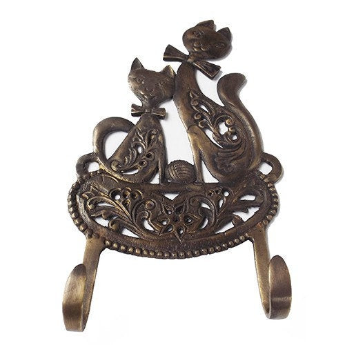 10" Inches ANTIQUE Tie Cat Motif HOOK Hanger Solid Brass Vintage Hook Hat Coat Strong Wall Mount