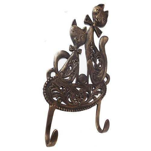 10" Inches ANTIQUE Tie Cat Motif HOOK Hanger Solid Brass Vintage Hook Hat Coat Strong Wall Mount