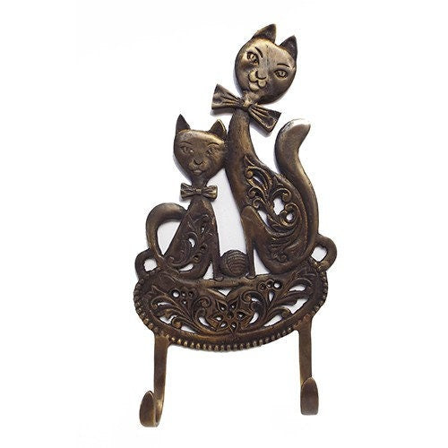 10" Inches ANTIQUE Tie Cat Motif HOOK Hanger Solid Brass Vintage Hook Hat Coat Strong Wall Mount
