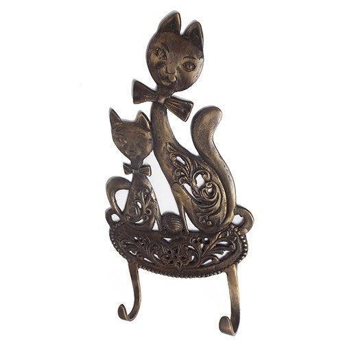10" Inches ANTIQUE Tie Cat Motif HOOK Hanger Solid Brass Vintage Hook Hat Coat Strong Wall Mount