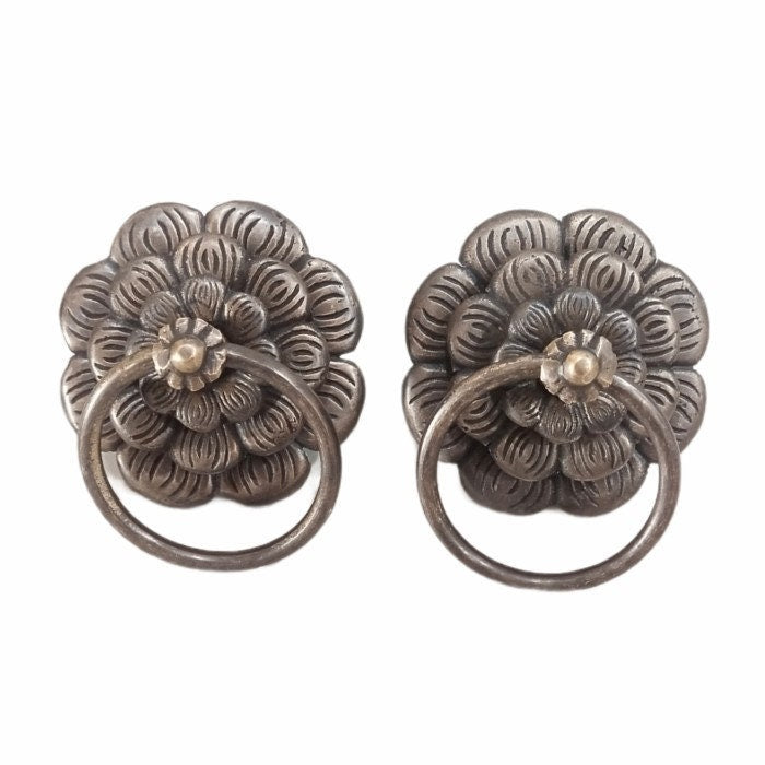 3.54" Inches 2 pcs Vintage Flowers Antique Cabinet Door Drawer Round Pull Handle KNOB GBY 039