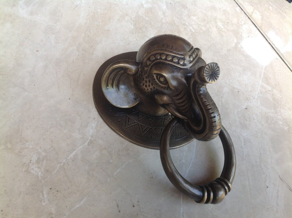 Antique Large BIG ELEPHANT Thai Head Door Knocker Cast Solid Brass