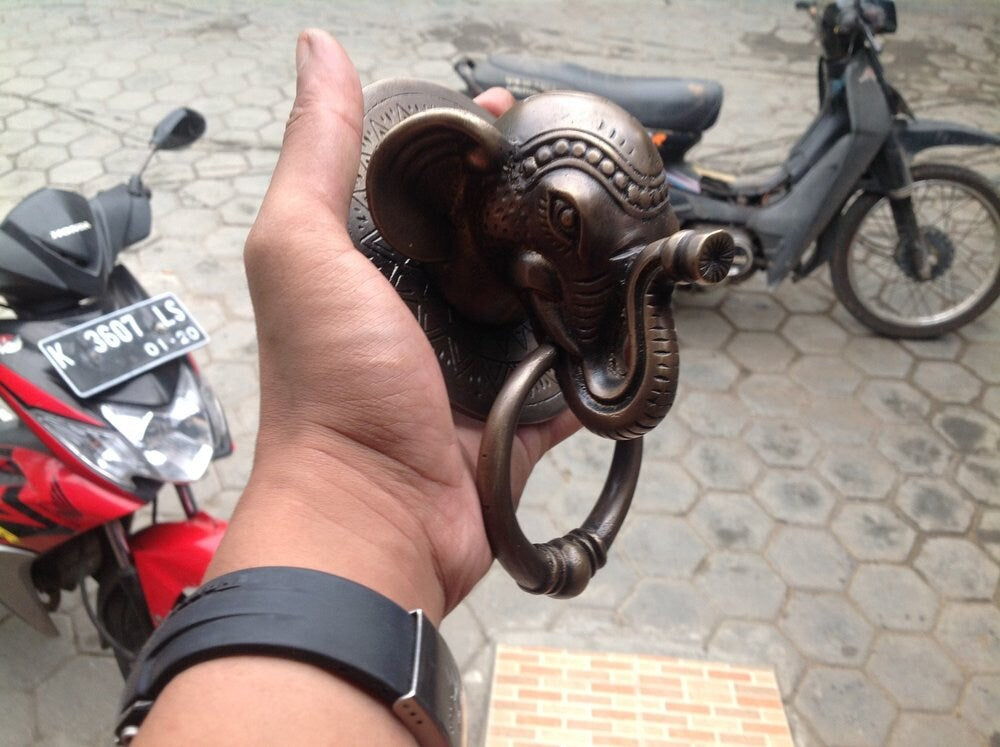 Antique Large BIG ELEPHANT Thai Head Door Knocker Cast Solid Brass