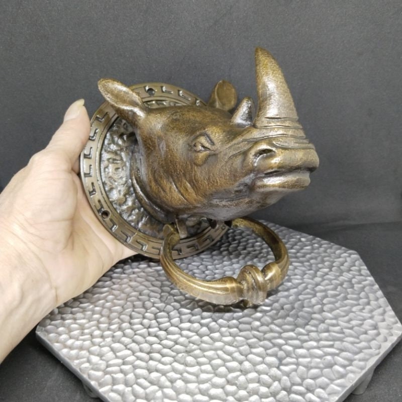 7.87" inches Vintage Antique RHINO African Animal Head Door Knocker Cast Solid Brass With Express Shiping