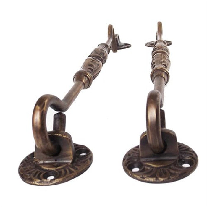 10.62" inches Lot of 2 Pieces Vintage Solid Brass Carved Eye Fastener Window Hook Latch