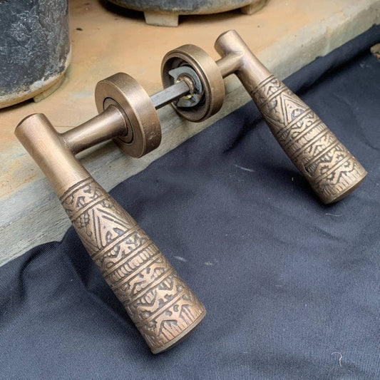 Pair of Crank egypt carved vintage antique brass door handle | brass door pull