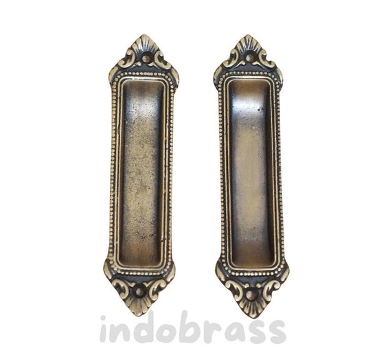 4.76" Lot of 2 pcs Vintage Solid Brass Victorian FLUSH Pull Antique Sliding Door Cabinet Brass Knob Drawer Handle