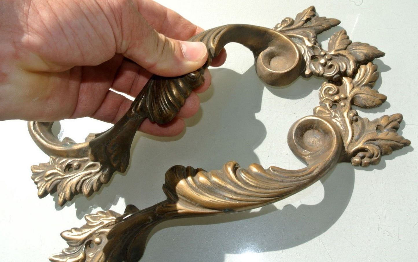 2 large french style 722 pulls handles solid 100% brass vintage style doors 11″ aged antique style 27 cm very heavy cast old look