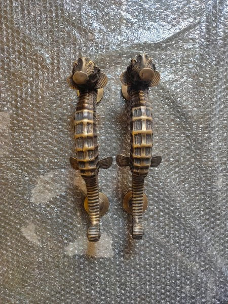 11.81" Two pieces Seahorse Main Entry solid brass door handle | Brass door pull With Express Shiping