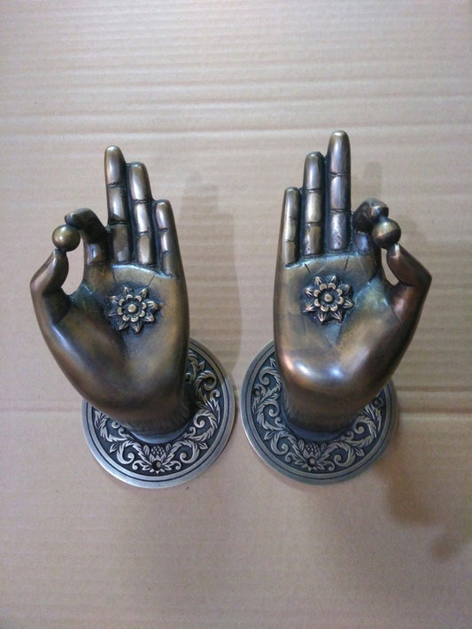 2 Rare Large Beautiful Buddha Gyan Mudra Hand shape hold small ball Handles Aged Brass Patina Knob 10cm back plate Heavy