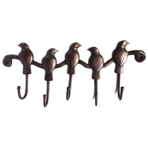 ANTIQUE 5 BIRD HOOK Hanger Solid Brass Vintage Hook Hat Coat Strong Wall