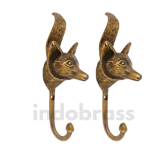 4.72" inches Lot of 2 pcs Vintage FOX Head Forestry Solid Brass hook Antique Strong Wall Mount Coat Hat Hook