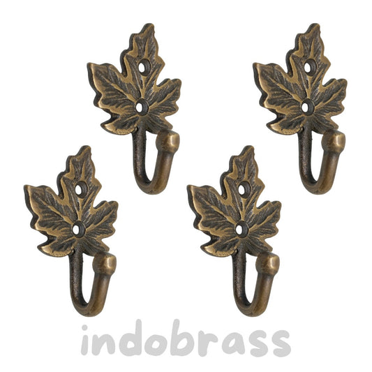 Lot of 4 pcs ANTIQUE Leaf Motif HOOK Hanger Solid Brass Vintage Hook Hat Coat Strong Wall Mount