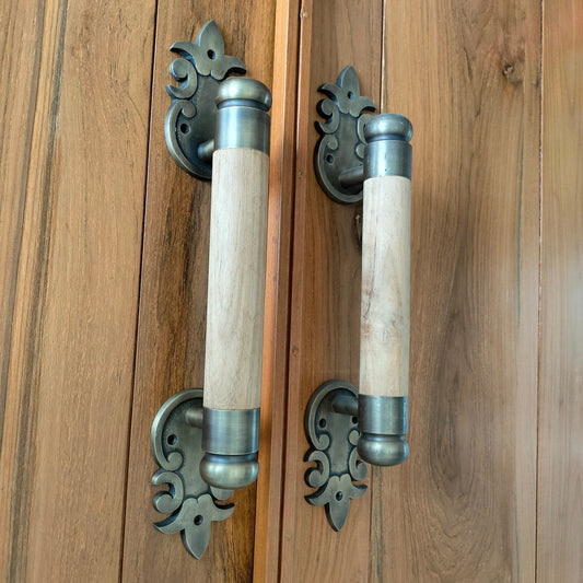 16.53" inches Set 2 pcs Vintage Western Retro Wooden Entry Door Handle | Brass Door Handle With Express Shiping