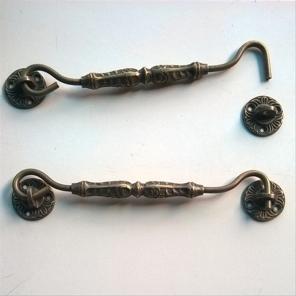 10.62" inches Lot of 2 Pieces Vintage Solid Brass Carved Eye Fastener Window Hook Latch