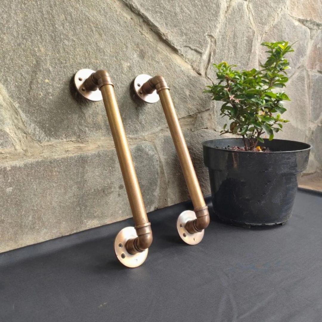 15.00" 2 pcs Rustic Brass Industrial Pipe Door Pull Handles | Retro Brass Barn Door